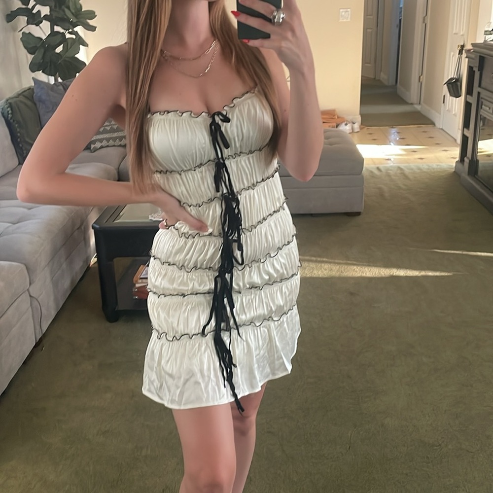 Romantic Satin Bow Tie Ruffle Mini Dress